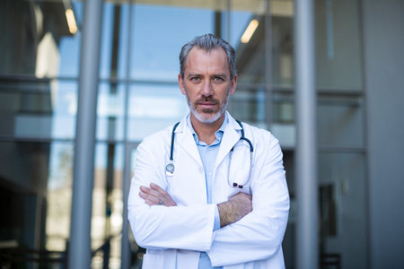Standing male doctor crossing arms in medical facility lobby, with stethoscope and white lab coat. Professional, healthcare, clinical, modern, clean, architecture, medicineの写真素材