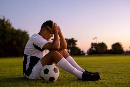 Teen soccer player sitting on grass field at dusk, holding ball under thigh near field lights. Lonely, introspective, athletic, outdoors, twilight, contemplative, sportの写真素材
