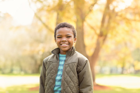 African American boy standing and smiling in park wearing quilted olive jacket and striped shirt. Autumn, outdoor, cheerful, fashion, leisure, nature, vibrantの写真素材