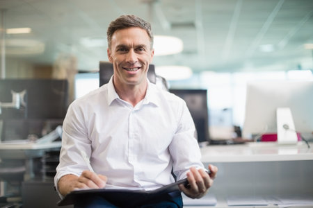 Middle-aged man in business attire holding tablet and taking notes at office desk with monitors. Corporate, workspace, modern, productivity, technology, professional, collaborationの写真素材