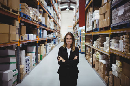 Businesswoman inspecting inventory in warehouse aisle with metal shelving and pallets. Logistics, supply chain, industrial, operational, organizational, professional, structuredの写真素材