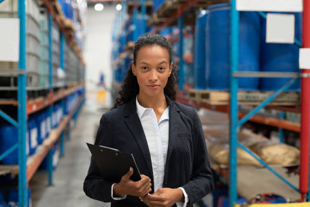 African American businesswoman standing in warehouse aisle reviewing clipboard near metal racks. Industrial, logistics, management, organization, storage, professionalism, efficiencyの写真素材