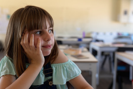 Female child student resting head on hand and gazing at classroom desk with notes, copy space. Education, learning, school, classroom, childhood, concentration, studyの写真素材