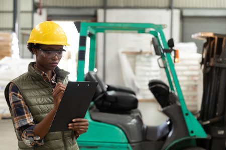 Woman wearing safety gear inspecting warehouse inventory using clipboard near forklift, copy space. Industrial, logistics, safety, organizational, productivity, operational, workingの写真素材
