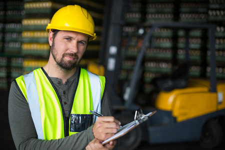 Middle-aged man inspecting warehouse inventory with clipboard wearing hard hat and vest, copy space. Industrial, logistics, safety, professionalism, organization, management, precisionの写真素材