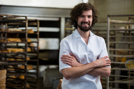 Mid adult man baker crossing arms and smiling in bakery area with metal racks of bread. Industrial,...