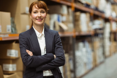 Female warehouse supervisor standing in warehouse aisle surveying pallet racks and labeled boxes. Logistics, supply chain, inventory, organizational, industrial, managerial, structuralの写真素材