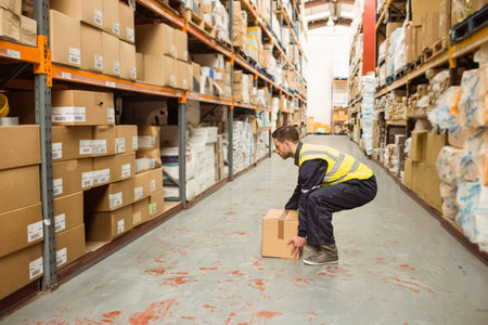 Male worker wearing high-visibility vest crouching and lifting cardboard box in storage aisle....