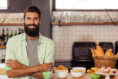 Male baker standing behind counter in bakery showing croissants, baguettes and cupcakes, copy space. Pastry, artisanal, rustic, modern, culinary, gourmet, confectioneryの写真素材