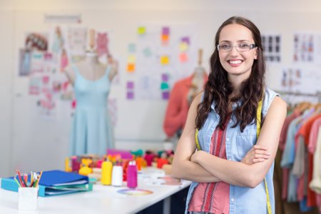 Woman wearing measuring tape posing in design studio with mannequin and thread spools, copy space. Fashion, creativity, craftsmanship, studio, sewing, design, apparelの写真素材
