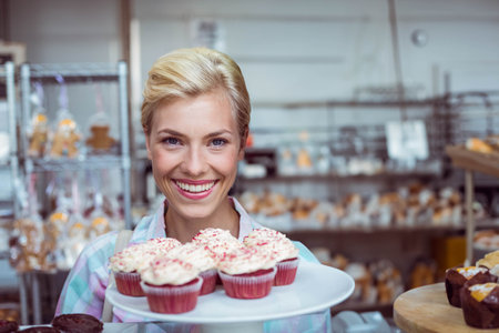 White female baker standing at counter holding platter of red-frosted cupcakes near metal racks. Desserts, patisserie, artisan, confectionery, storefront, rustic, celebrationの写真素材
