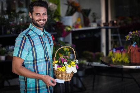 Male florist holding wicker basket with yellow blossoms and small card in flower shop, copy space. Floristry, botanical, craftsmanship, vibrant, arrangement, interior, decorationの写真素材