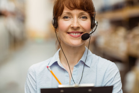 Woman standing in warehouse aisle wearing headset holding clipboard near metal shelving and boxes....