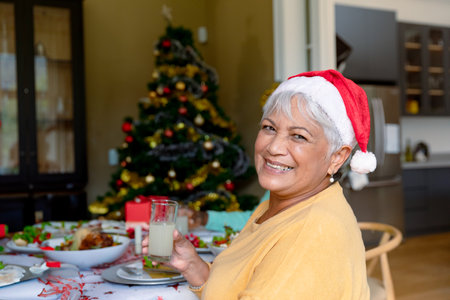 Senior woman wearing Santa hat sitting at dining table with gift and Christmas tree, copy space. Festive, celebration, joy, hospitality, cozy, traditional, seasonalの写真素材