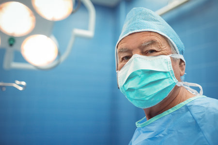 Senior male surgeon standing in operating room wearing cap mask under light near clamp, copy space....