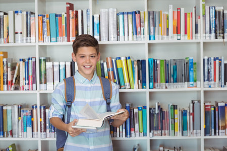 School-age boy standing in school library wearing backpack reading open book before white bookshelf....