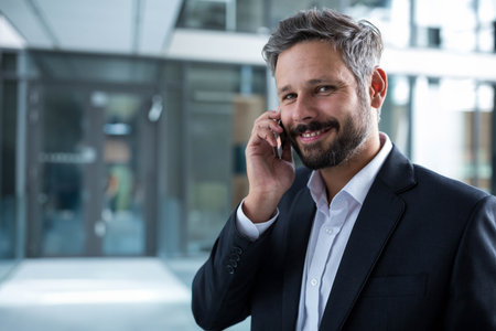 Middle-aged man in suit talking on smartphone in corporate lobby by glass entrance, copy space....