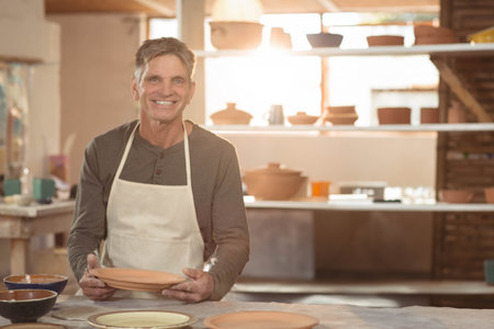Male ceramic artist smiling while holding clay plate at ceramics workshop wearing canvas apron....