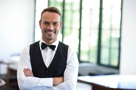 Mid adult male waiter wearing uniform crossing arms smiling in dining room with tables and window. Hospitality, fine dining, service industry, elegance, professionalism, interior design, hospitality industryの写真素材