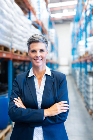 Mature adult woman standing in warehouse aisle wearing navy blazer amid steel racks of white sacks. Industrial, logistics, organization, professionalism, corporate, efficiency, minimalismの写真素材