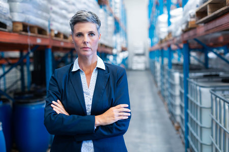 Female warehouse manager wearing blazer standing with arms crossed in aisle among pallets and drums. Industrial, logistics, professional, organizational, storage, corporate, leadershipの写真素材