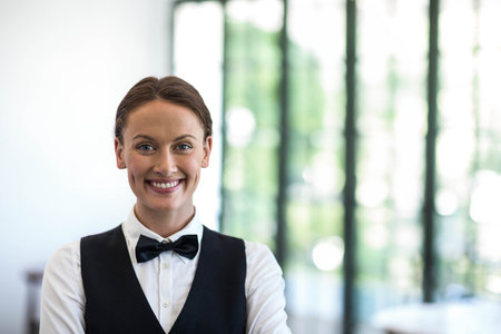 Female server smiling and standing in restaurant lobby wearing white shirt black vest bow tie....