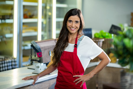 Female store clerk leaning on service counter wearing red apron in grocery shop near digital scale. Retail, customer service, commerce, minimalism, professionalism, food industry, hospitalityの写真素材