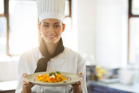 Female chef wearing pleated hat holding plate of pasta with herbs and cheese in bright kitchen. Culinary, gourmet, modern, bright, professional, fresh, vibrantの写真素材