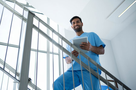 Asian male nurse in light blue scrubs holding tablet leaning on metal stair railing at hospital. Medical, healthcare, professionalism, technology, wellness, modern, cleanの写真素材