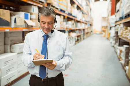 Male warehouse supervisor holding clipboard and pencil, wearing headset checking inventory in aisle....