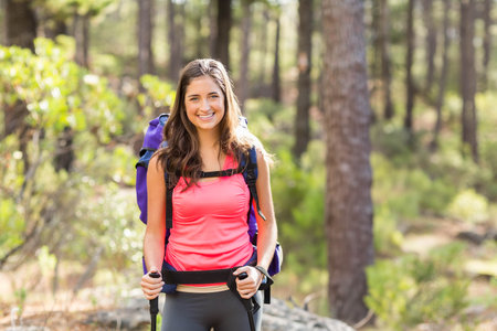 Woman hiker trekking on pine woodland trail wearing athletic gear and carrying backpack and poles....