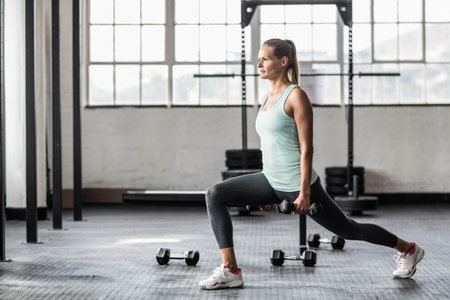 Female athlete lunging holding dumbbells on rubber mat in bright gym, with squat rack behind....