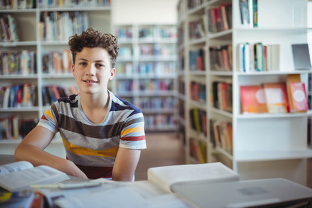 Teenage boy sitting at study table in library surrounded by open textbooks and laptop. Student,...