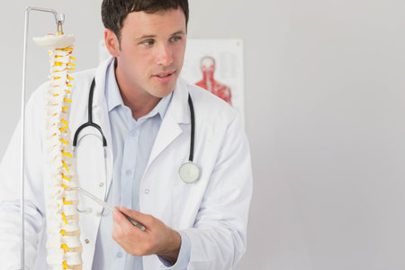 Male doctor pointing at lumbar spine model with metal pointer in exam room wearing stethoscope. Medical, education, educational, healthcare, anatomy, anatomymodel, professionalの写真素材