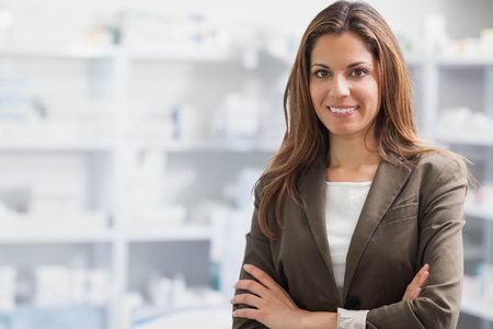 Female pharmacist standing wearing blazer, arms crossed in pharmacy with medicine boxes, copy space. Professional, healthcare, clinical, organization, wellness, medical, cleanの写真素材
