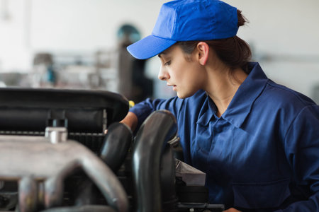Car engine bay being inspected inside automotive workshop, with hoses, metal parts, and tools. Automotive repair, professional mechanic, industrial, technical, machinery, vehicle service, precisionの写真素材