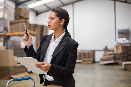 Woman wearing blazer holding clipboard and pen checking boxes on pallets by hand truck in warehouse. Logistics, organization, industrial, professional, management, efficiency, workspaceの写真素材