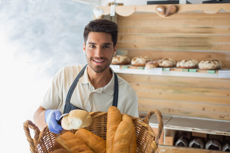 Male baker holding baguette basket wearing apron and blue glove in bakery by shelves with loaves. Artesan, retail, rustic, artisanal, hospitality, craft, culinaryの写真素材