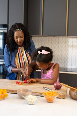 African American mother teaching daughter to chop vegetables in modern kitchen. Family, cooking, bonding, lifestyle, education, culinaryの写真素材