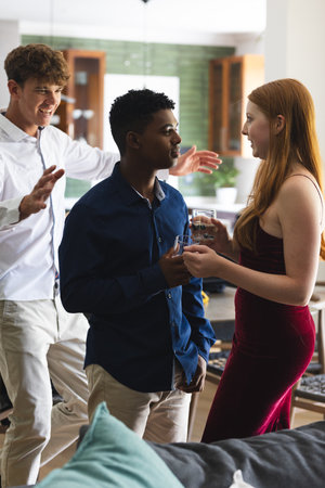 Teen friends celebrating at home, enjoying drinks and lively conversation together. Party, friendship, celebration, gathering, beverage, happinessの写真素材