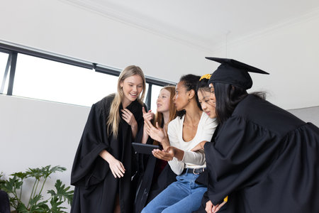 Graduating students in caps and gowns sharing joyful moments on smartphone. Graduation, celebration,...