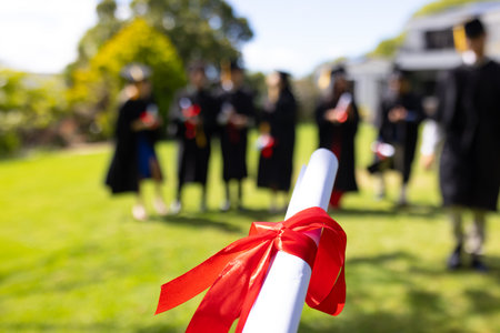 Graduates holding diplomas with red ribbons, celebrating outdoors on sunny day. Graduation, celebration, achievement, success, education, sunshineの写真素材