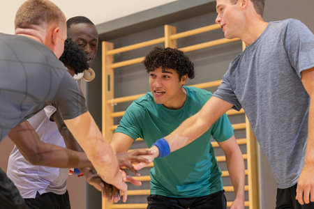 Diverse male athletes stacking hands at gym wall bars, huddling, wearing wristband, headphones. Team, collaboration, fitness, strength, unity, motivation, trainingの写真素材