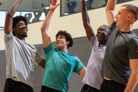 Diverse male teammates in sportswear raising arms celebrating on basketball court with padded walls....