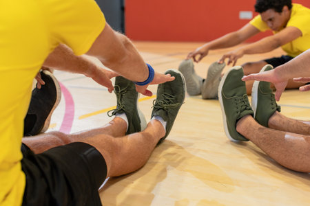 Diverse male teammates in yellow shirts and black shorts stretching on court floor touching shoes. Athletes, teamwork, fitness, training, motivation, dynamic, performanceの写真素材