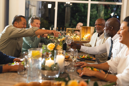 Seniors enjoying dinner party, toasting with wine glasses, sharing laughter and joy. Celebration, gathering, friendship, happiness, togetherness, dining