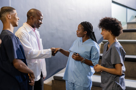 In hospital hallway, medical professionals in scrubs shaking hands with colleague. Healthcare, teamwork, cooperation, partnership, doctors, collaborationの写真素材
