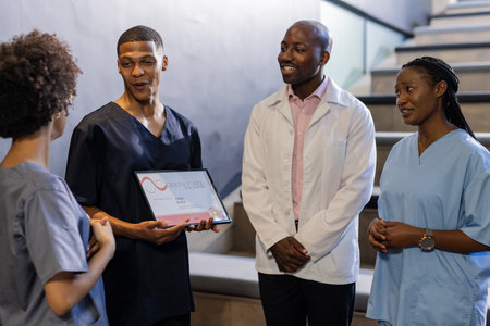 Discussing award certificate, medical professionals smiling and engaged in hospital hallway. Healthcare, doctors, teamwork, recognition, collaboration, medical staffの写真素材