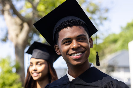 Graduating student in cap and gown celebrating academic achievement outdoors, smiling. Graduation, education, success, celebration, diploma, joyの写真素材