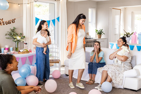 Celebrating baby shower, women sharing joyful moments with balloons and gifts together. Celebration, party, happiness, friends, presents, funの写真素材